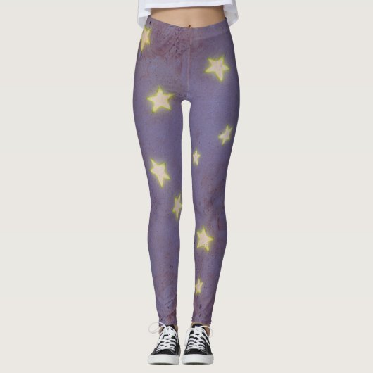 Paarse achtergrond met glimmende sterren Leggings (Voorkant)