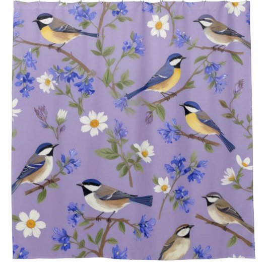 Paarse Achtergrond Met Vogels Douchegordijn (Voorkant)