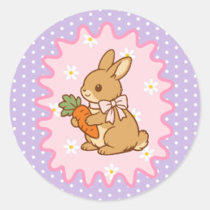 Paarse Adorable Konijn Wortel & Madeliefje Ronde Sticker
