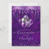 Paarse afdruppels voor glitterballonnen Quinceaner Kaart (Voorkant)