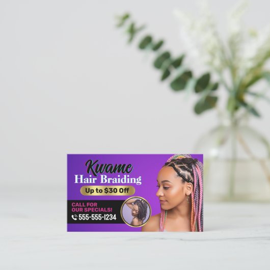 Paarse African Hair Braiding Service Speciale Aanb Visitekaartje (Staand voorkant)