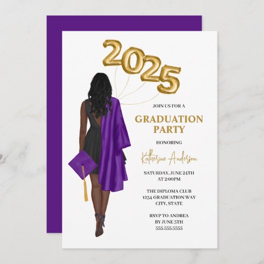 Paarse Afro-Amerikaanse Vrouw Graduation Party Kaart (Voorkant / Achterkant)