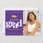 Paarse afstudeerfoto gouden pet modern vet type aankondiging (Voorkant)