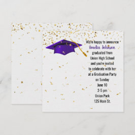 Paarse afstudeerhoed met gouden confetti kaart
