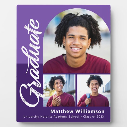 Paarse Afstuderen 3 Foto Bold Arch Script Modern Fotoplaat (Voorkant)