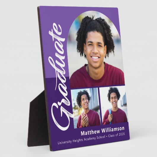 Paarse Afstuderen 3 Foto Bold Arch Script Modern Fotoplaat (Zijkant)