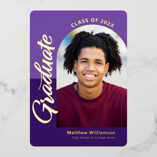 Paarse Afstuderen 4 Photo Arch Party Real Gold Folie Uitnodiging (Voorkant)