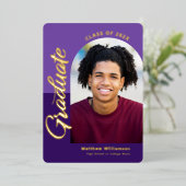 Paarse Afstuderen 4 Photo Arch Party Real Gold Folie Uitnodiging (Staand Voorkant)