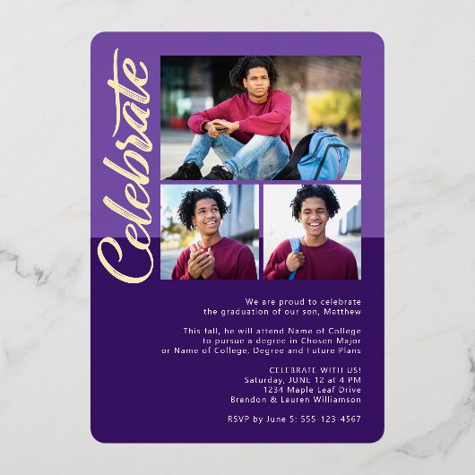 Paarse Afstuderen 4 Photo Arch Party Real Gold Folie Uitnodiging (Achterkant)
