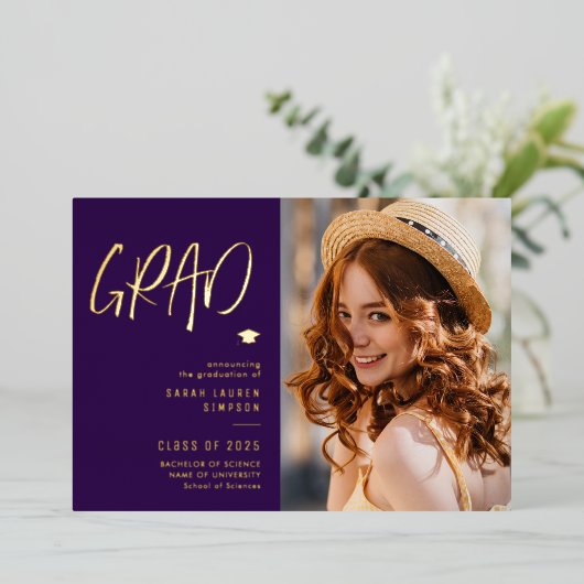 paarse afstuderen aankondiging van moderne gouden  (Staand Voorkant)