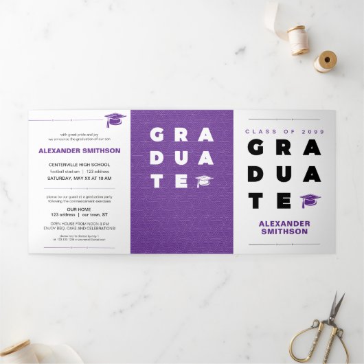 Paarse AFSTUDEREN brieven en Afstuderen van Petten Drieluik Aankondiging (Buitenkant)