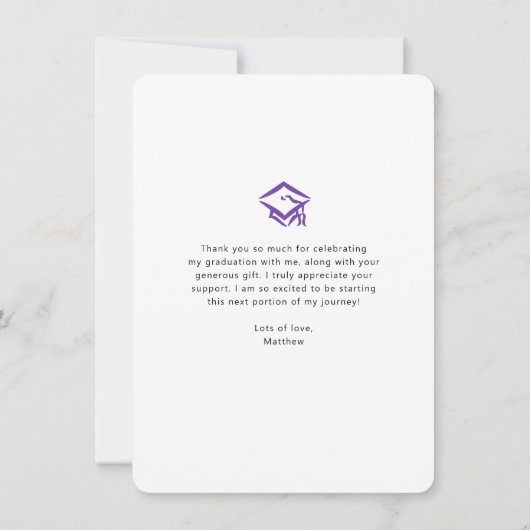 Paarse Afstuderen Foto Bold Arch Script Modern Bedankkaart (Achterkant)