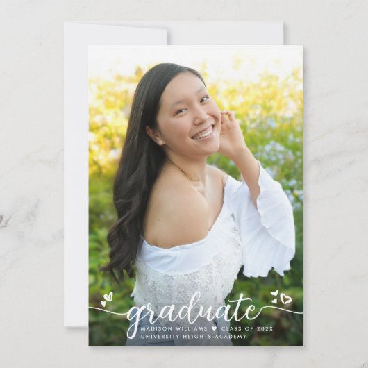 Paarse Afstuderen Foto Moderne Kalligrafie Harten Aankondiging (Voorkant)