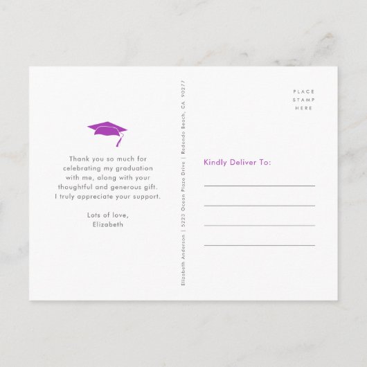 Paarse afstuderen foto vetgedrukte typografie beda briefkaart (Achterkant)