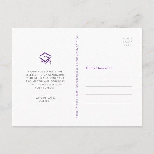 Paarse Afstuderen Het Manuscript van de Foto Harte Briefkaart (Achterkant)