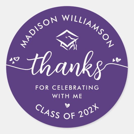 Paarse Afstuderen Modern Bedankt Script Hearts Ronde Sticker (Voorkant)