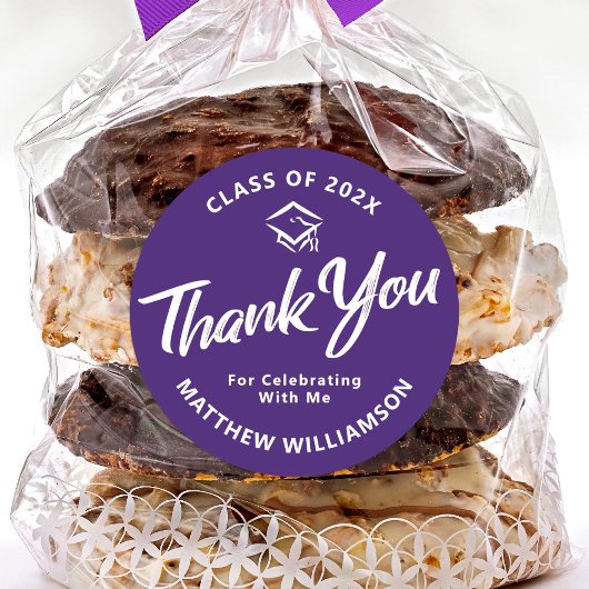 Paarse Afstuderen vet script Pet dank u modern Ronde Sticker