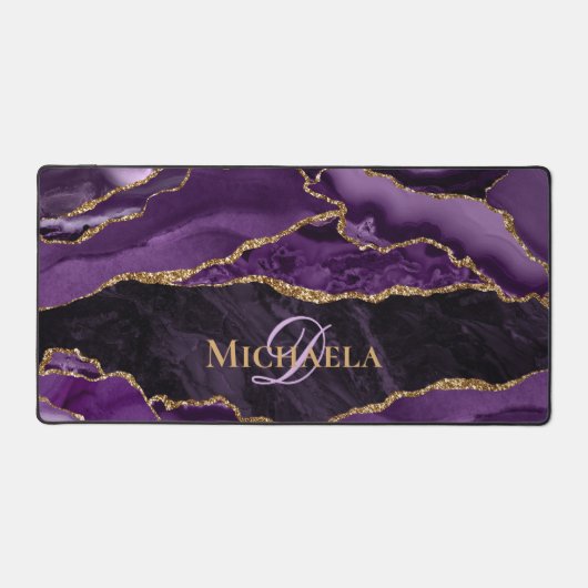 Paarse Agaat Geode Gouden Glitter Monogram Bureaumat (Voorkant)