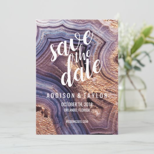 Paarse Agaat Geode Violet Save the Date roos Gold (Staand voorkant)