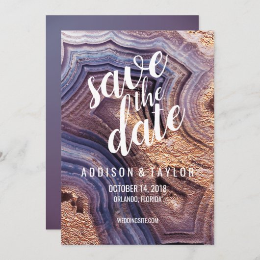 Paarse Agaat Geode Violet Save the Date roos Gold (Voorkant / Achterkant)