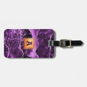 Paarse agaat glinsterende roze marmeren naam goud bagagelabel (Voorkant horizontaal)