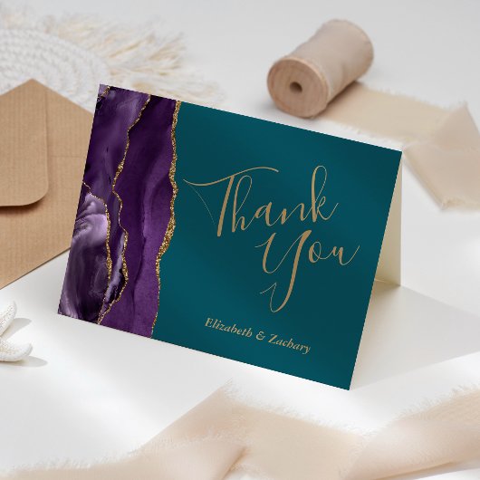 Paarse Agaat Goud Blauwgroen Bruiloft Dank u Kaart
