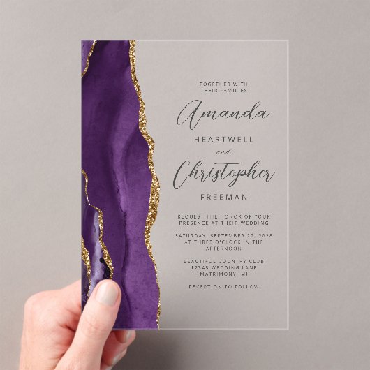 Paarse Agaat Goud Modern Script Bruiloft Acryl Uitnodigingen (Insitu (Draagbaar))