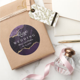 Paarse Agaat & Goud Trouwschrift Luxe Ronde Sticker