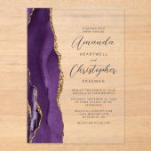 Paarse Agaat Gouden Moderne Script Bruiloft Acryl Uitnodigingen (Voorkant)