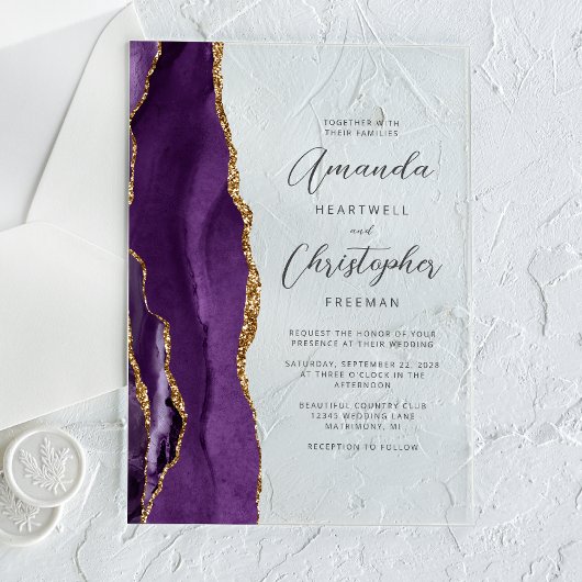 Paarse Agaat Gouden Moderne Script Bruiloft Acryl Uitnodigingen