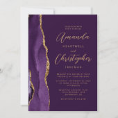 Paarse Agaat Gouden Moderne Script Bruiloft Kaart (Voorkant)