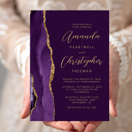 Paarse Agaat Gouden Moderne Script Bruiloft Kaart