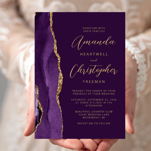 Paarse Agaat Gouden Moderne Script Bruiloft Kaart