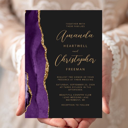 Paarse Agaat Gouden Moderne Script Leisteen Trouwk Kaart