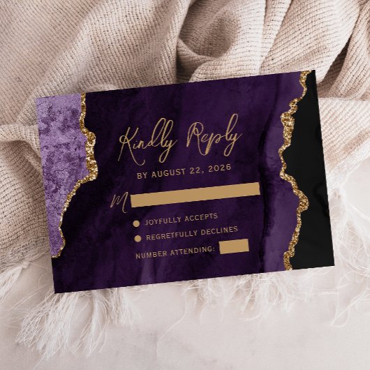 Paarse Agaat Gouden Scriptie Bruiloft RSVP Kaartje