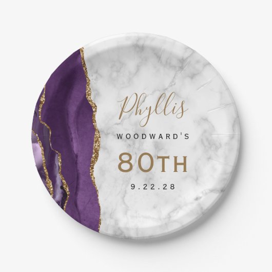 Paarse Agaat Marmer Goud Script 80e Verjaardag Papieren Bordje (Voorkant)