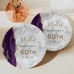 Paarse Agaat Marmer Goud Script 80e Verjaardag Papieren Bordje<br><div class="desc">Deze elegante 80e borden zijn voorzien van een paarse waterverf design afgewerkt met faux gold glitter op een grijs en wit marmeren achtergrond. Pas eenvoudig de zwarte en goudkleurige tekst aan met de naam en verjaardag van de eregast.</div>