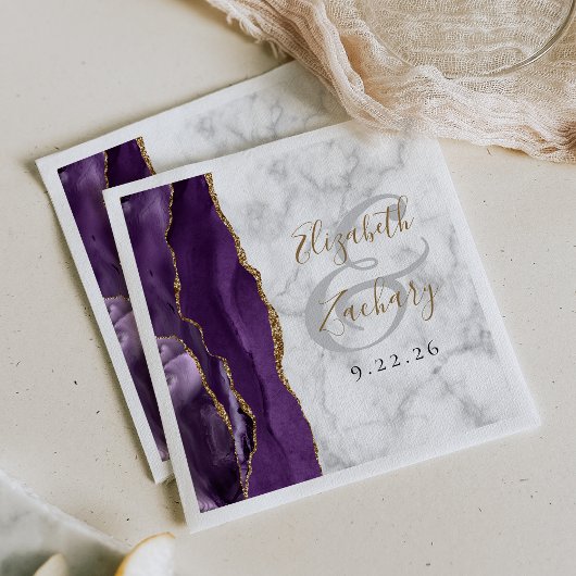 Paarse Agaat Marmer Gouden Script Bruiloft Servet