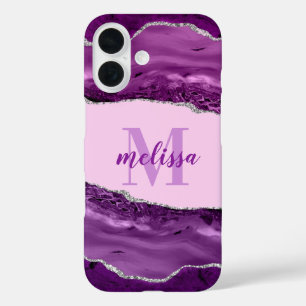 Paarse Agaat met Zilveren Glitters Monogram Hoesje