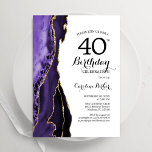Paarse agaat witgoud 40e verjaardag kaart<br><div class="desc">Paarse,  witte en gouden agaat 40e verjaardagsfeestuitnodiging. Elegant modern design met waterverf agaat marmeren geode achtergrond,  faux glitter goud en typografie script lettertype. Trendy uitnodigingskaart perfect voor een stijlvol vrouwenfeest. Gedrukte Zazzle-uitnodigingen of direct downloadbare digitale afdrukbare sjabloon.</div>