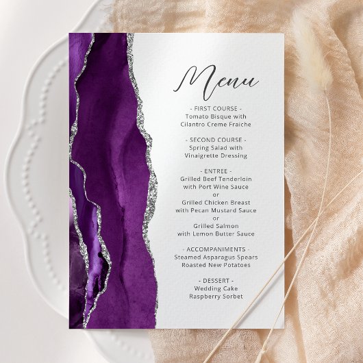 Paarse Agaat Zilver Modern Script Bruiloft Menu