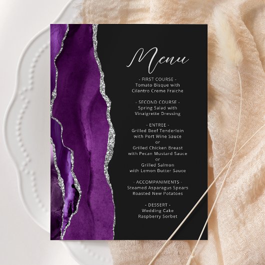 Paarse Agaat Zilver Modern Script Bruiloft Menu