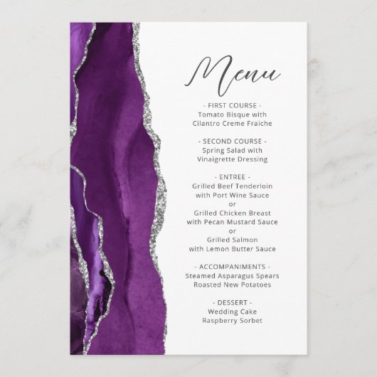 Paarse Agaat Zilver Modern Script Bruiloft Menu (Voorkant)