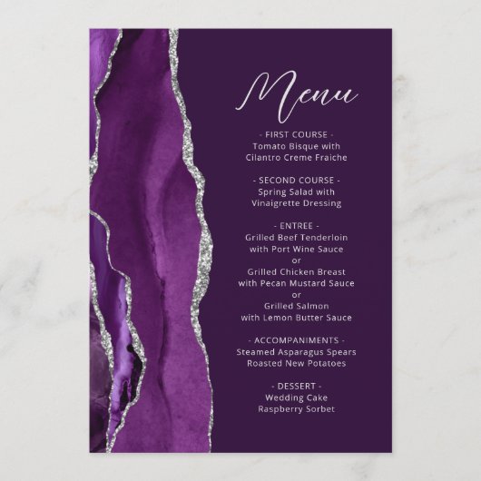 Paarse Agaat Zilver Modern Script Plum Bruiloft Menu (Voorkant)