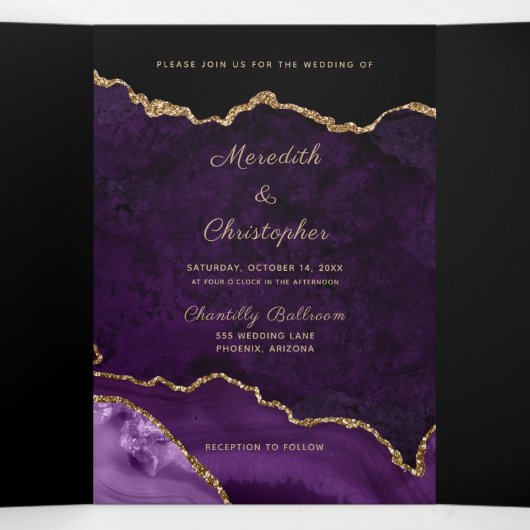 Paarse Agate Gold Glitter Geode Foto Weduwschap Drieluik Uitnodiging (Binnenkant midden)