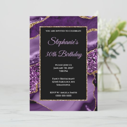 Paarse Agate Gold Glitter Glam 30th Birthday Kaart (Staand voorkant)