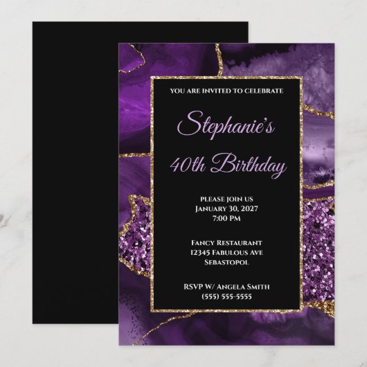 Paarse Agate Gold Glitter Glam 40e verjaardag Kaart (Voorkant / Achterkant)