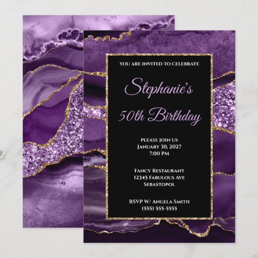 Paarse Agate Gold Glitter Glam 50e verjaardag Kaart (Voorkant / Achterkant)
