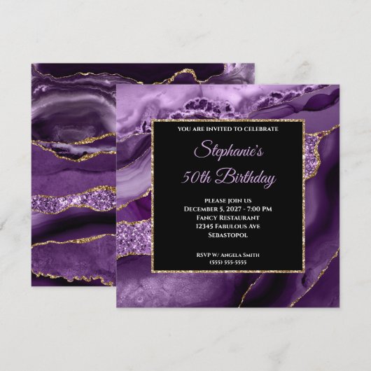 Paarse Agate Gold Glitter Glam 50e verjaardag Kaart (Voorkant / Achterkant)