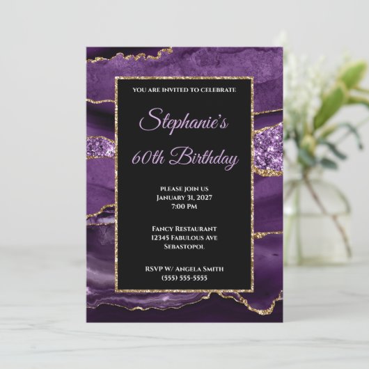 Paarse Agate Gold Glitter Glam 60th Birthday Kaart (Staand voorkant)